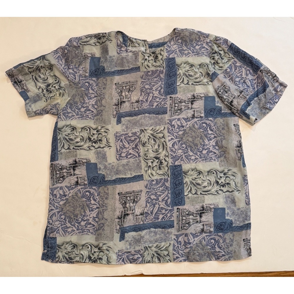 Bedford Fair Lifestyles 100% Silk Architectural Print Blouse Blue Grey Medium